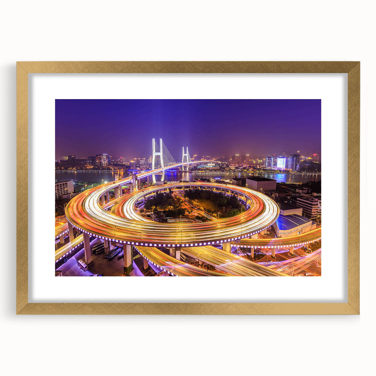 Elegant gold-framed wall art featuring a stunning landscape bridge design, complemented by a white mat, ideal for enhancing home decor with a touch of sophistication.