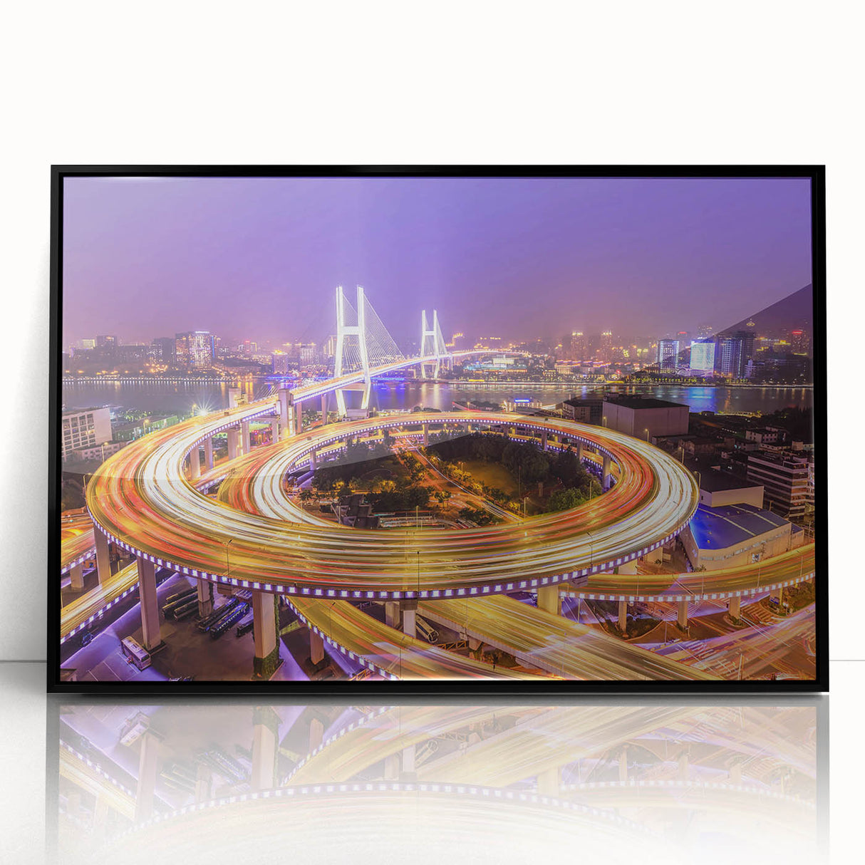 Framed acrylic wall art showcasing a modern landscape bridge design, featuring vibrant colors and a sleek black frame, perfect for contemporary home decor.