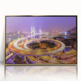 Framed acrylic wall art showcasing a modern landscape bridge design with gold accents, ideal for contemporary home decor. Perfect for adding elegance to any space.