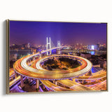 Framed canvas wall art showcasing a stunning landscape with a bridge, featuring gold accents and a modern design, perfect for enhancing home decor aesthetics.