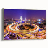 Framed canvas wall art depicting a serene landscape with a modern bridge, showcasing vibrant colors and intricate details in a silver frame, perfect for home decor.