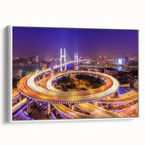 Framed canvas wall art showcasing a serene landscape with a contemporary bridge design, displayed from a side view against a white background, ideal for modern decor.