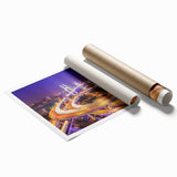 Vibrant rolled print of a serene landscape featuring a bridge over a tranquil waterway, showcasing lush greenery and a clear blue sky, perfect for home decor.