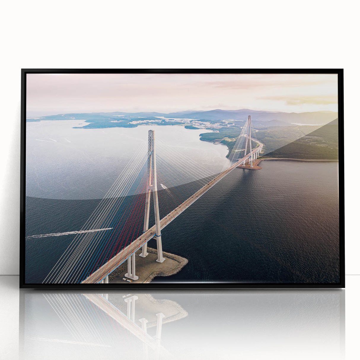Framed acrylic wall art featuring a modern bridge landscape design in black, showcasing vibrant colors and intricate details, perfect for contemporary home decor.