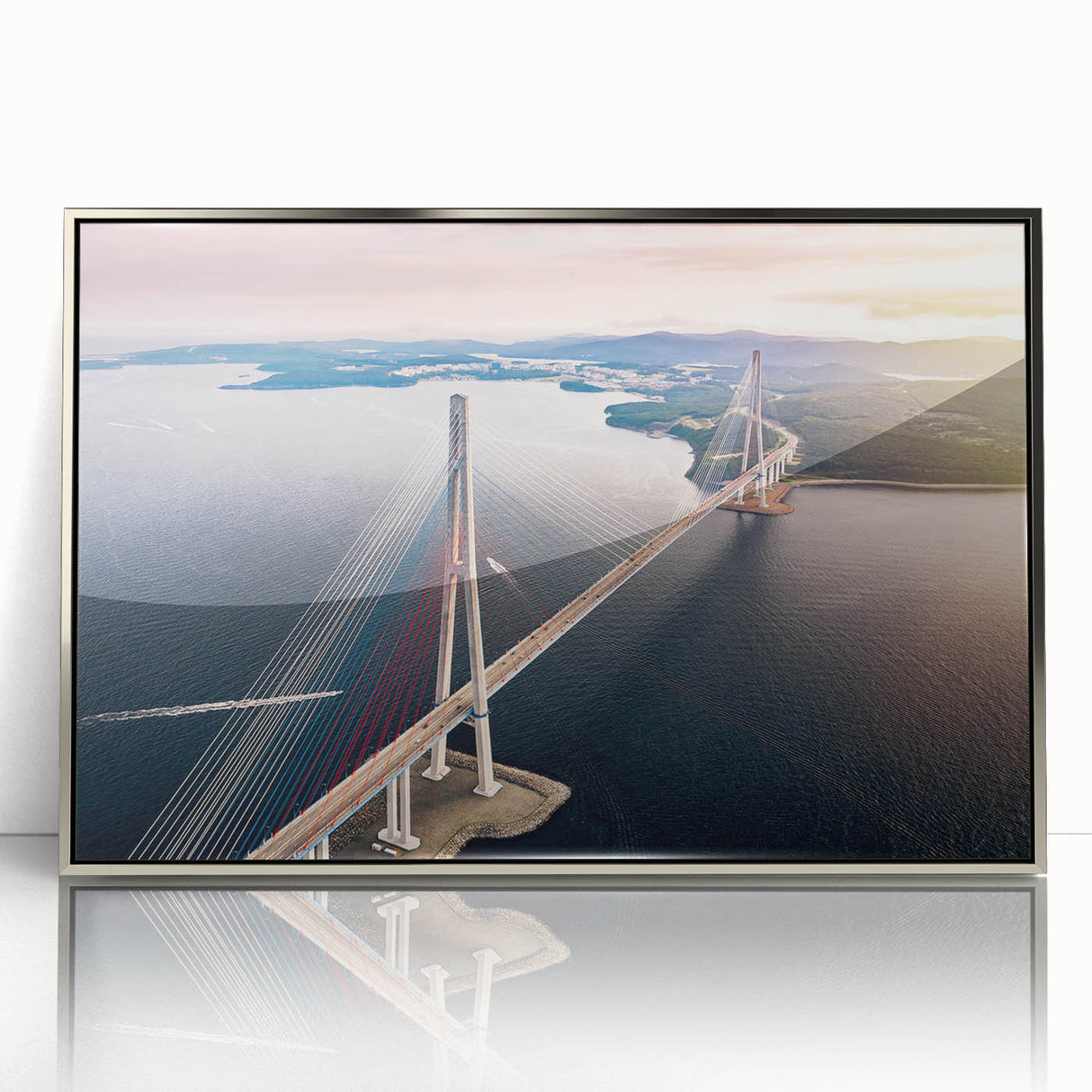 Framed acrylic wall art showcasing a modern landscape bridge design with silver accents, ideal for contemporary home decor. Perfect for adding elegance to any room.