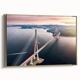 Framed canvas wall art featuring a contemporary landscape design with a bridge, highlighted by gold accents, ideal for modern home decor.