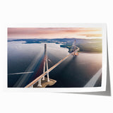 Colorful landscape bridge wall art print showcasing vibrant hues of blue and green, rolled for easy transport and display, perfect for modern home décor.