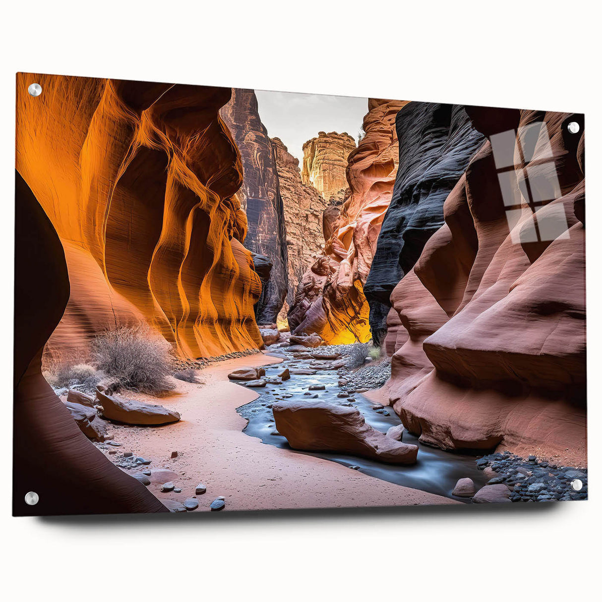 Acrylic glass wall art showcasing a stunning canyon landscape design, elegantly displayed in a side view with decorative pins, perfect for home decor enthusiasts.