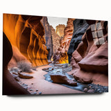 Acrylic wall art collection showcasing a stunning canyon landscape design, viewed from the side without pins, featuring vibrant colors and intricate details, perfect for home decor.