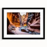 Framed wall art showcasing a stunning canyon landscape design, featuring rich earthy tones and a sleek black frame with a white mat, perfect for home decor.
