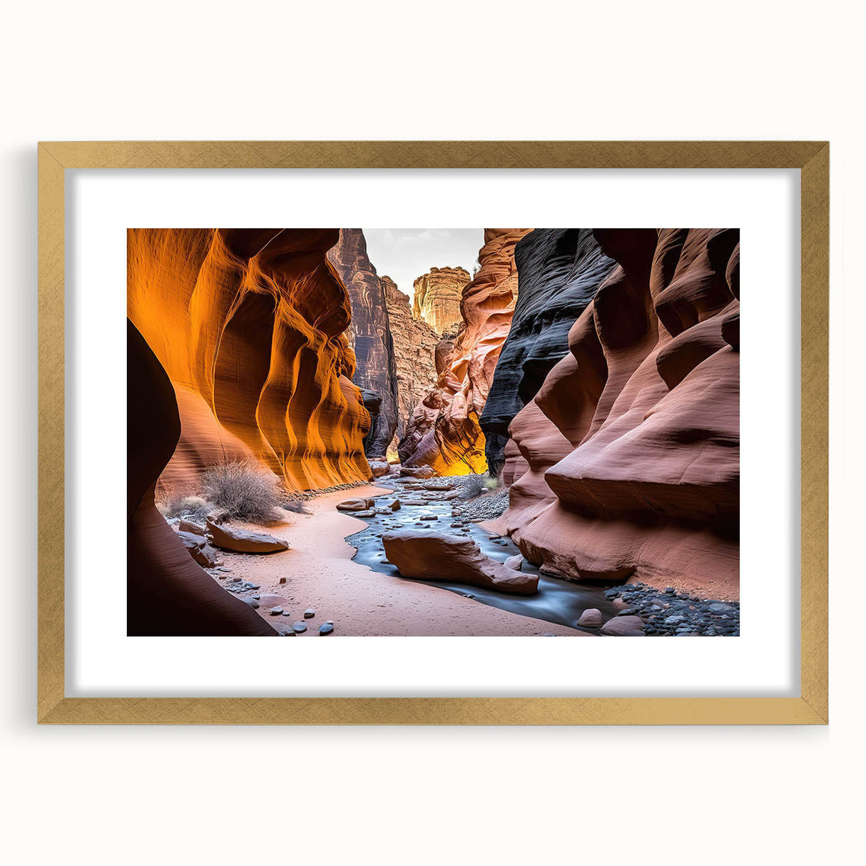 Elegant wall art collection featuring a framed canyon landscape design with a gold mat, perfect for home decor. The front view highlights rich colors and intricate details, enhancing any living space. Ideal for art enthusiasts seeking unique wall decor.