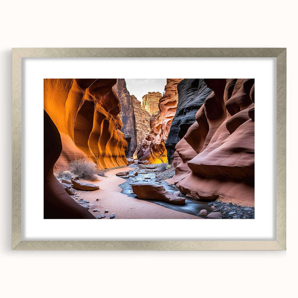 Framed wall art showcasing a stunning canyon landscape design, featuring a silver frame and matting, perfect for enhancing home decor with natural beauty.