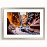 Framed wall art showcasing a stunning canyon landscape design, featuring a silver frame and matting, perfect for enhancing home decor with natural beauty.