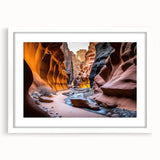 Framed wall art showcasing a stunning canyon landscape design with a white mat, ideal for home decor. Perfect for adding a serene touch to any room's aesthetic.