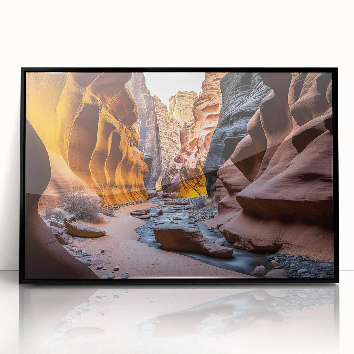 Framed acrylic wall art showcasing a stunning canyon landscape design, featuring vibrant colors and intricate details, perfect for enhancing any modern decor.