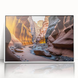 Framed acrylic wall art showcasing a stunning canyon landscape design, featuring vibrant colors and intricate details, perfect for enhancing home decor.