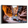Framed wall art showcasing a stunning canyon landscape design with rich colors, displayed from a side view against a neutral backdrop, ideal for home decor.