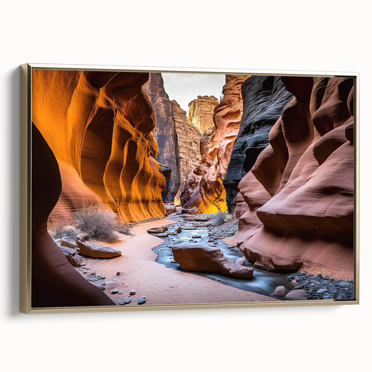 Framed canvas wall art featuring a stunning canyon landscape design with rich gold accents, perfect for modern home decor. Ideal for adding a touch of nature and elegance to living spaces.