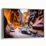 Framed canvas wall art depicting a stunning canyon landscape design with vibrant colors, sleek silver frame, showcasing natural beauty and elegance for home decor.