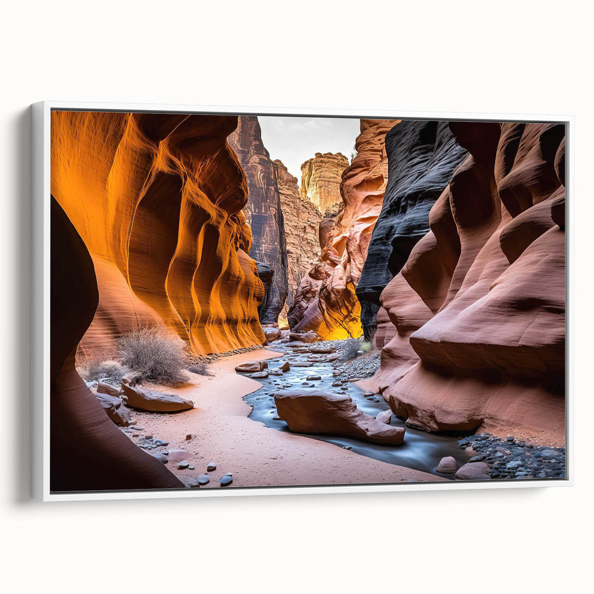 Framed canvas wall art showcasing a stunning canyon landscape design, featuring rich earth tones and intricate details, ideal for home decor enhancement.