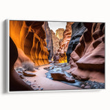 Framed canvas wall art showcasing a stunning canyon landscape design, featuring rich earth tones and intricate details, ideal for home decor enhancement.
