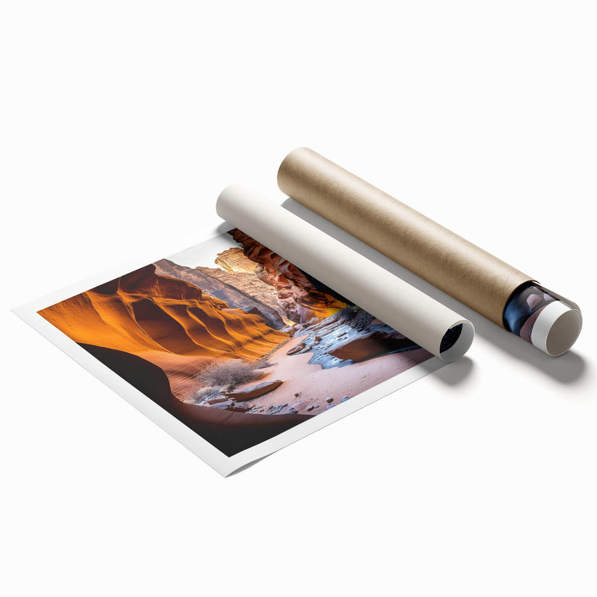 Vibrant rolled print of a stunning canyon landscape, showcasing rich earthy tones and dramatic rock formations, ideal for enhancing home decor.