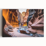 Stretched canvas wall art showcasing a stunning canyon landscape design in vibrant colors, perfect for enhancing home decor with natural beauty and depth.