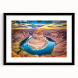 Framed landscape wall art showcasing a vibrant canyon design in rich colors, featuring a sleek black frame and mat, perfect for enhancing home decor.