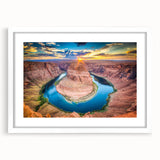 Framed landscape wall art collection showcasing a stunning canyon design in vibrant colors, with a white mat and sleek black frame, perfect for modern decor.