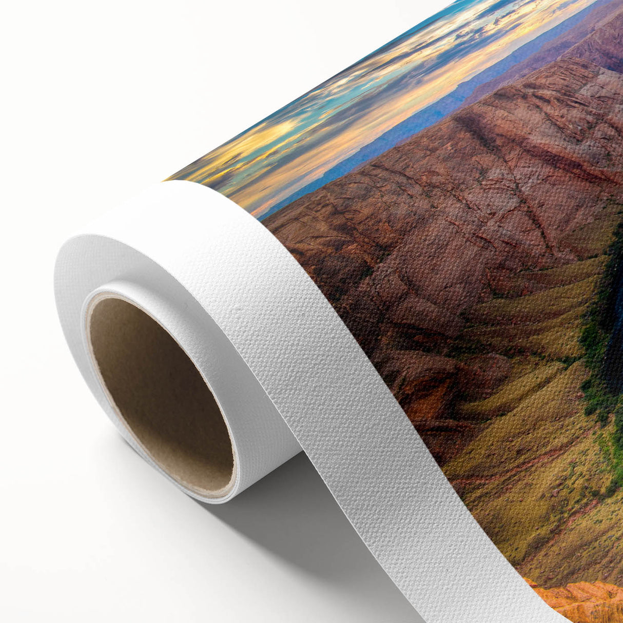 Vibrant rolled canvas showcasing a stunning canyon landscape design, featuring rich colors and intricate details, ideal for home decor and art lovers. Packaged securely in a protective cardboard tube.