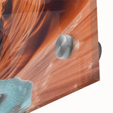 Close-up view of a stunning acrylic glass wall art piece showcasing vibrant canyon landscapes, rich colors, and intricate details, perfect for home decor.