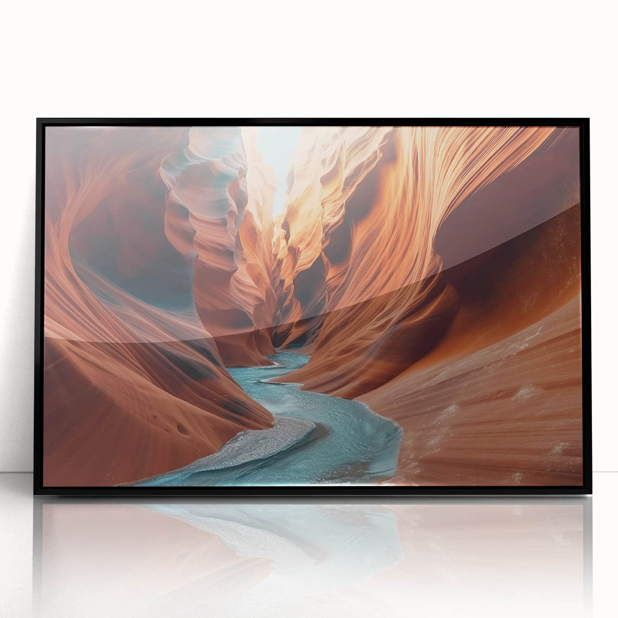 Framed wall art featuring a stunning canyon landscape design with warm earthy tones and black acrylic frame, perfect for enhancing modern home decor.