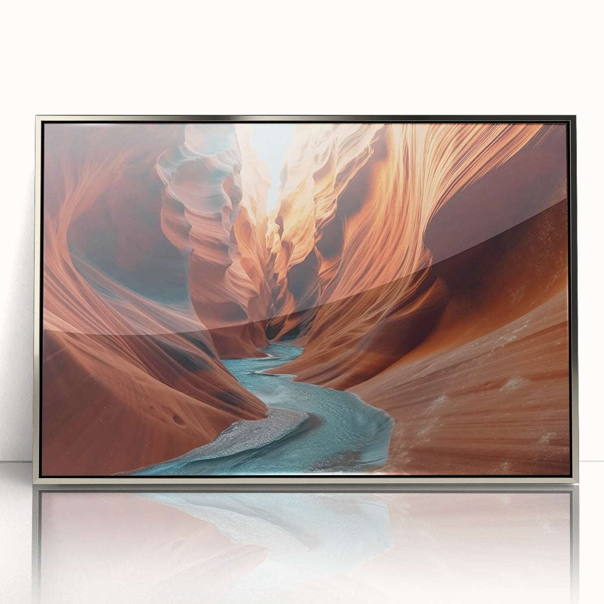 Framed acrylic wall art featuring a stunning canyon landscape design, with silver accents enhancing the vibrant colors, perfect for modern home decor.