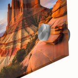 Close-up of a stunning acrylic wall art piece depicting colorful canyons, showcasing intricate textures and vibrant hues, perfect for modern home decor.