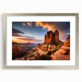 Framed wall art featuring a serene canyon landscape design in silver matting, showcasing earthy tones and intricate details, perfect for home decor.