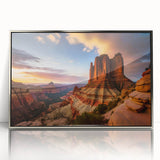 Framed acrylic wall art featuring a stunning canyon landscape design in silver tones, perfect for enhancing modern home decor. The artwork captures dramatic cliffs and vibrant colors, adding a touch of nature’s beauty to any space.