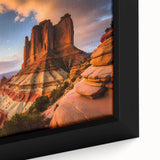 Close-up of a vibrant framed canvas wall art piece showcasing a detailed canyon landscape, featuring rich earthy tones and intricate textures, perfect for home decor.