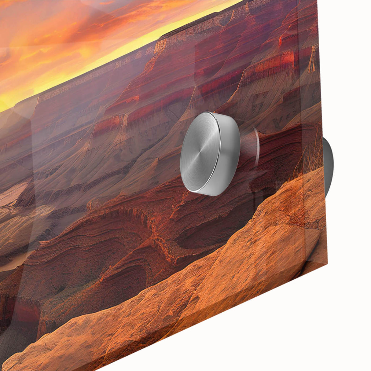 Close-up view of a vibrant acrylic glass wall art design showcasing stunning canyons and landscapes, ideal for home decor with rich colors and intricate details.