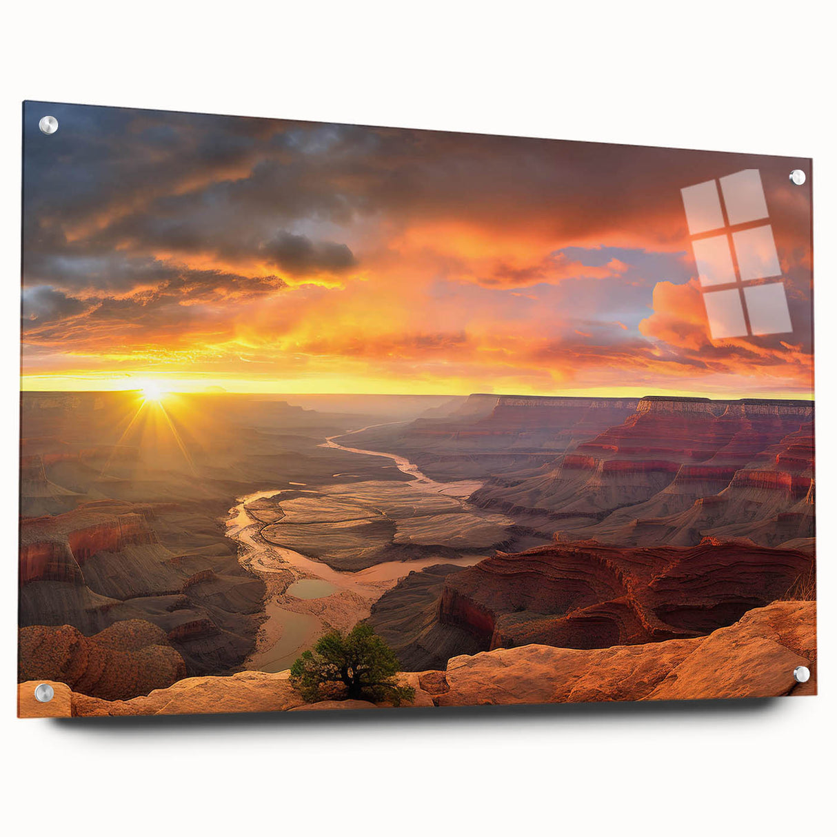 Acrylic wall art collection featuring a vibrant canyon landscape design, showcasing rich colors and intricate details, mounted with elegant pins for display.