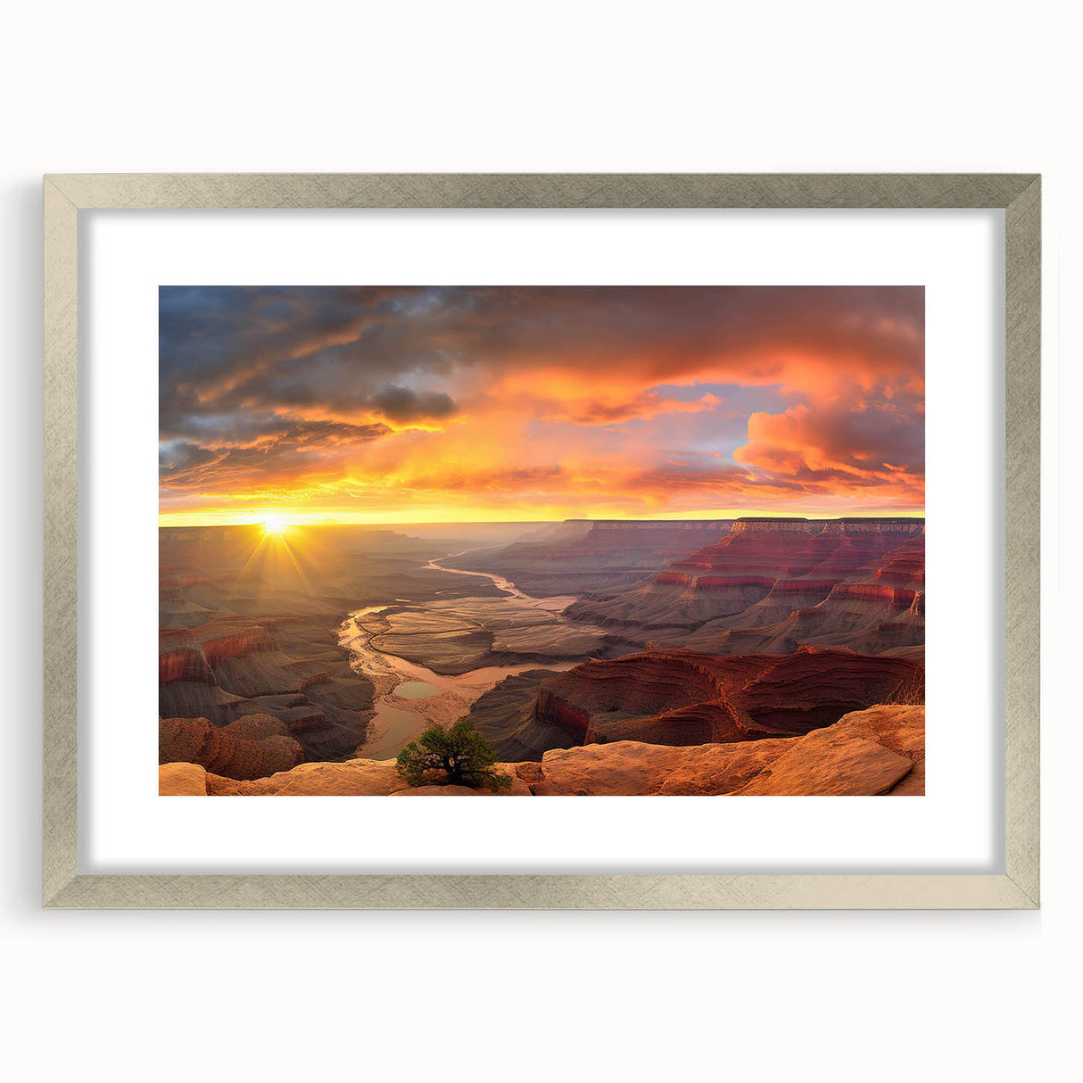Framed wall art featuring a stunning landscape canyon design in silver matting, ideal for enhancing modern home decor with natural beauty and elegance.