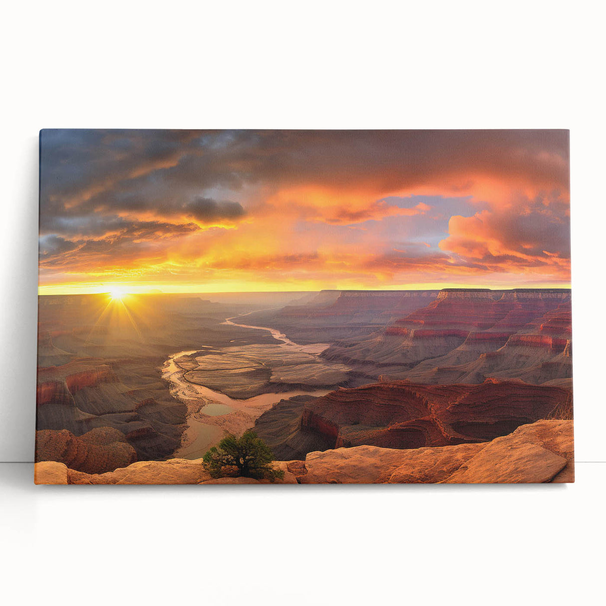 Stretched canvas wall art featuring a vibrant canyon landscape with warm earth tones, elegantly leaning against a neutral wall, perfect for home decor.