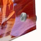 Close-up of a vibrant acrylic glass wall art piece featuring a stunning canyon landscape design, showcasing rich colors and intricate details ideal for home decor.