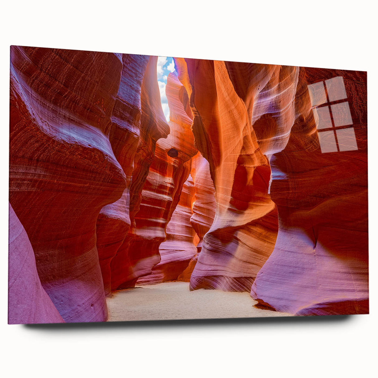 Acrylic wall art showcasing a stunning landscape of canyons, highlighting vibrant colors and intricate details, viewed from the side without pins, ideal for modern decor.