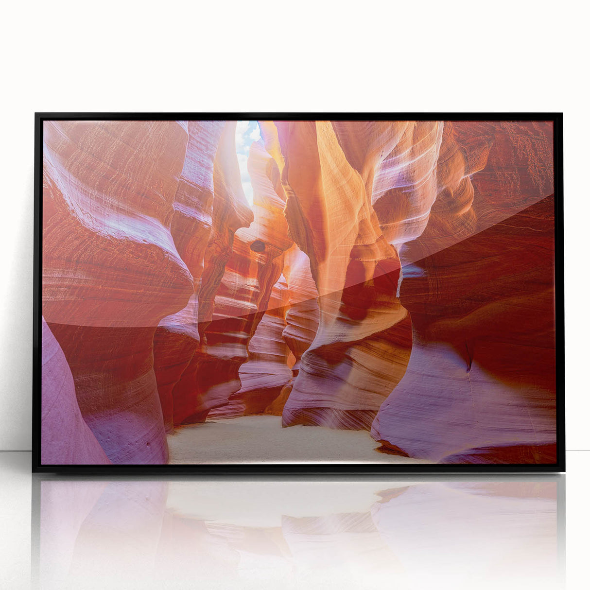 Framed acrylic wall art depicting vibrant canyon landscapes, featuring rich earthy tones and intricate details, ideal for home decor and nature enthusiasts.