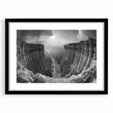 Framed black wall art featuring a stunning canyon landscape design, showcasing rich earthy tones and intricate details, perfect for home decor enhancement.