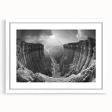 Framed wall art showcasing a stunning landscape of canyons, featuring rich earth tones and intricate details, presented in a white mat for a modern touch.