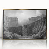 Framed acrylic wall art featuring a vibrant canyon landscape design, showcasing rich gold accents and intricate details, perfect for modern home decor.