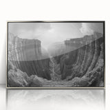 Framed wall art featuring a stunning canyon landscape design with vibrant colors and intricate details, set in a sleek silver frame to enhance any decor.