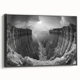 Framed canvas wall art showcasing a stunning canyon landscape design with rich earthy tones, displayed in a sleek black frame, ideal for home decor.