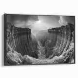 Framed canvas wall art showcasing a stunning canyon landscape design with rich earthy tones, displayed in a sleek black frame, ideal for home decor.